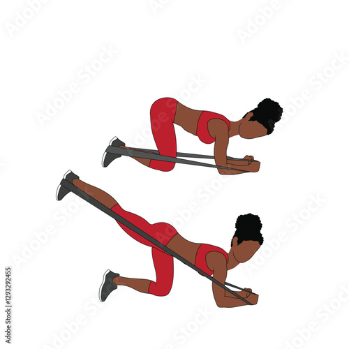 A Black African woman in red clothing doing donkey kicks with a resistance band. Flat vector illustration isolated on white background