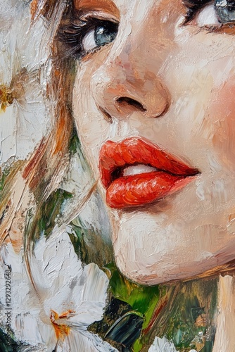 Portrait of a womans face with bold red lips and striking eyes surrounded by white flowers, showcasing beauty and elegance in an artistic painting style.