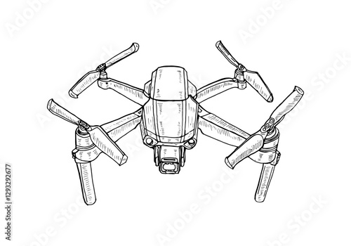 Doodle cartoon hand-drawn tech vector of a drone with four propellers.
