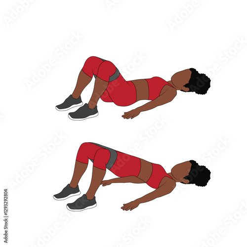 A Black African woman in red clothing doing glute bridges exercise with a resistance band. Flat vector illustration isolated on white background