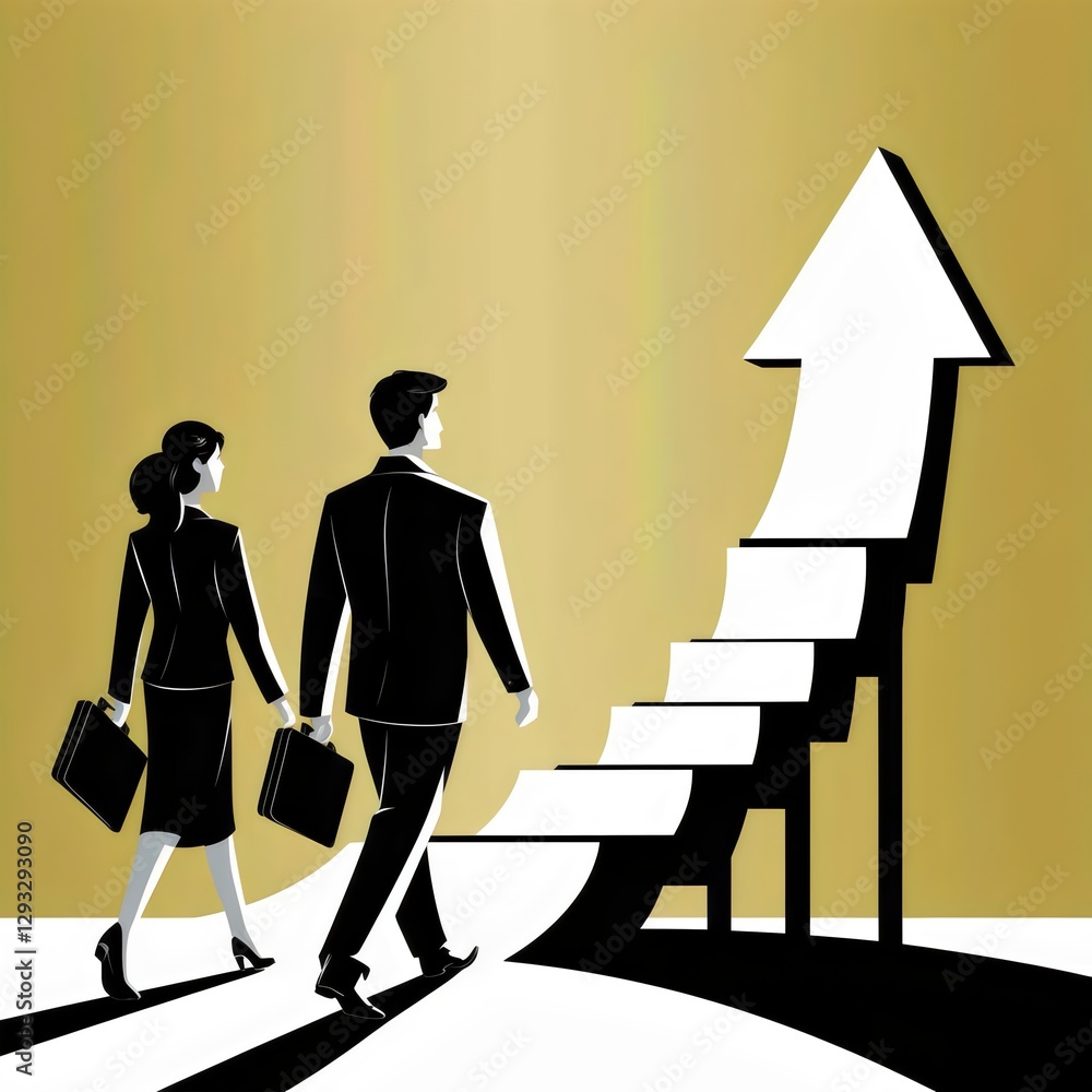Fototapeta premium Business professionals walking towards glowing upward arrow, symbolizing success