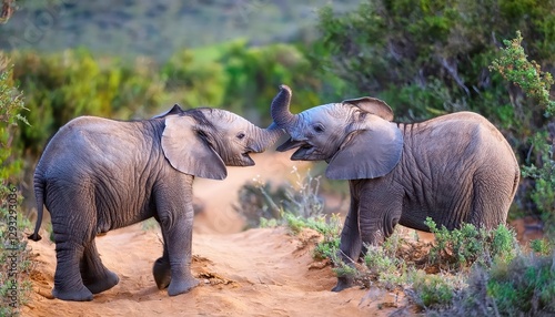 Playful Baby Elephants in Addo Elephant National Park, Eastern Cape Warmth and Joy Filled African Landscape at Midday