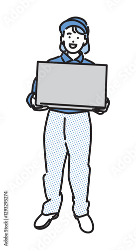 シンプル　イラスト　段ボールを運ぶ笑顔の配達員の女性