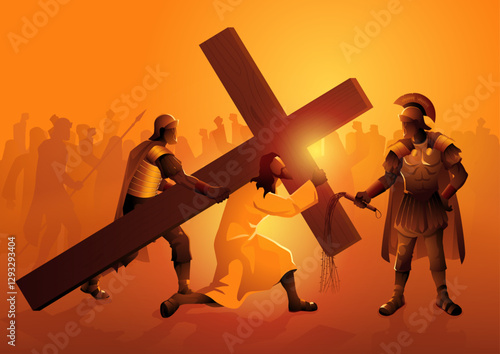 Biblical vector illustration of Way Of The Cross or Stations of the Cross, second station, Jesus accepts his cross.