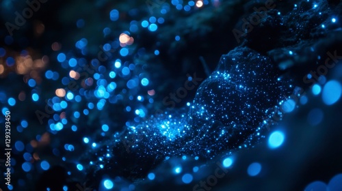 Bioluminescent Organisms Glowing on Rocks in Dark Cave photo