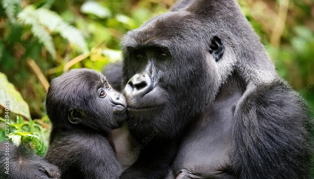 Baby Gorilla Sharing a Tender Kiss with Silverback in Bwindi Impenetrable National Park, Uganda Heartwarming Moment Captured amidst Lush Greenery and Rustic Textures, Evoking Baby Gorilla Sharing a Tender Kiss with Silverback in Bwindi Impenetrable National Park, Uganda Heartwarming Moment Captured amidst Lush Greenery and Rustic Textures, Evoking