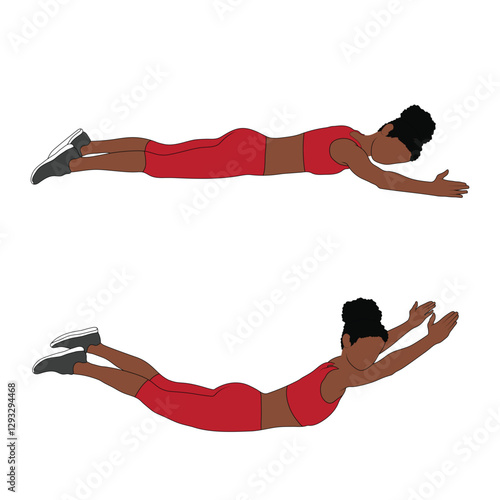 A Black African woman in red clothing doing superman exercise. Flat vector illustration isolated on white background