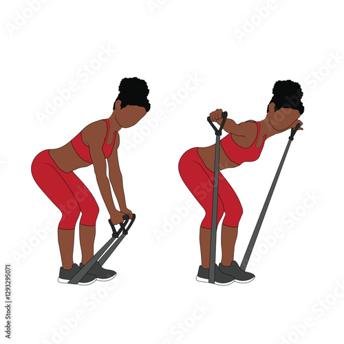 A Black African woman in red clothing doing reverse back flies exercise with a resistance band. Flat vector illustration isolated on white background