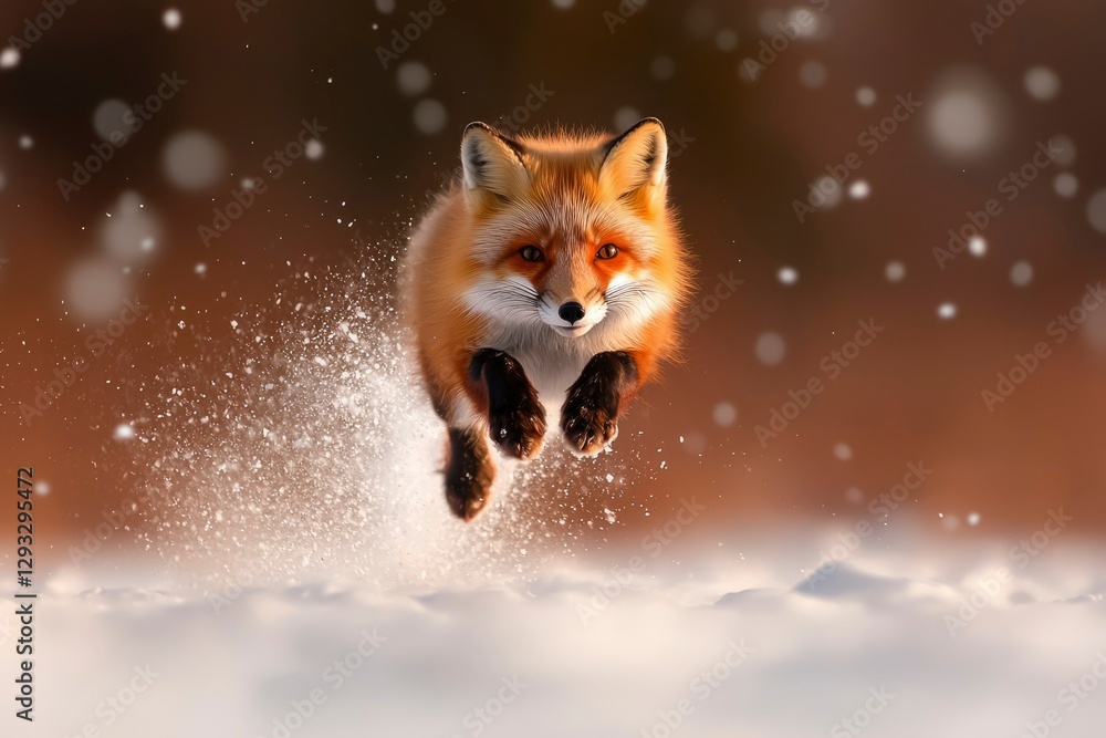 Obraz premium Red fox leaping through snowy forest during winter