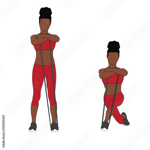A Black African woman in red clothing doing curtsy lunges exercise with a resistance band. Flat vector illustration isolated on white background