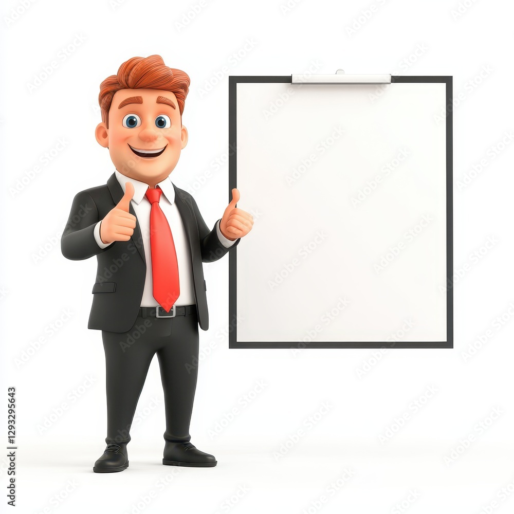 A cheerful cartoon businessman stands beside a blank board, giving a thumbs-up in a professional suit. A cheerful cartoon businessman stands beside a blank board, giving a thumbs-up in a professional suit.