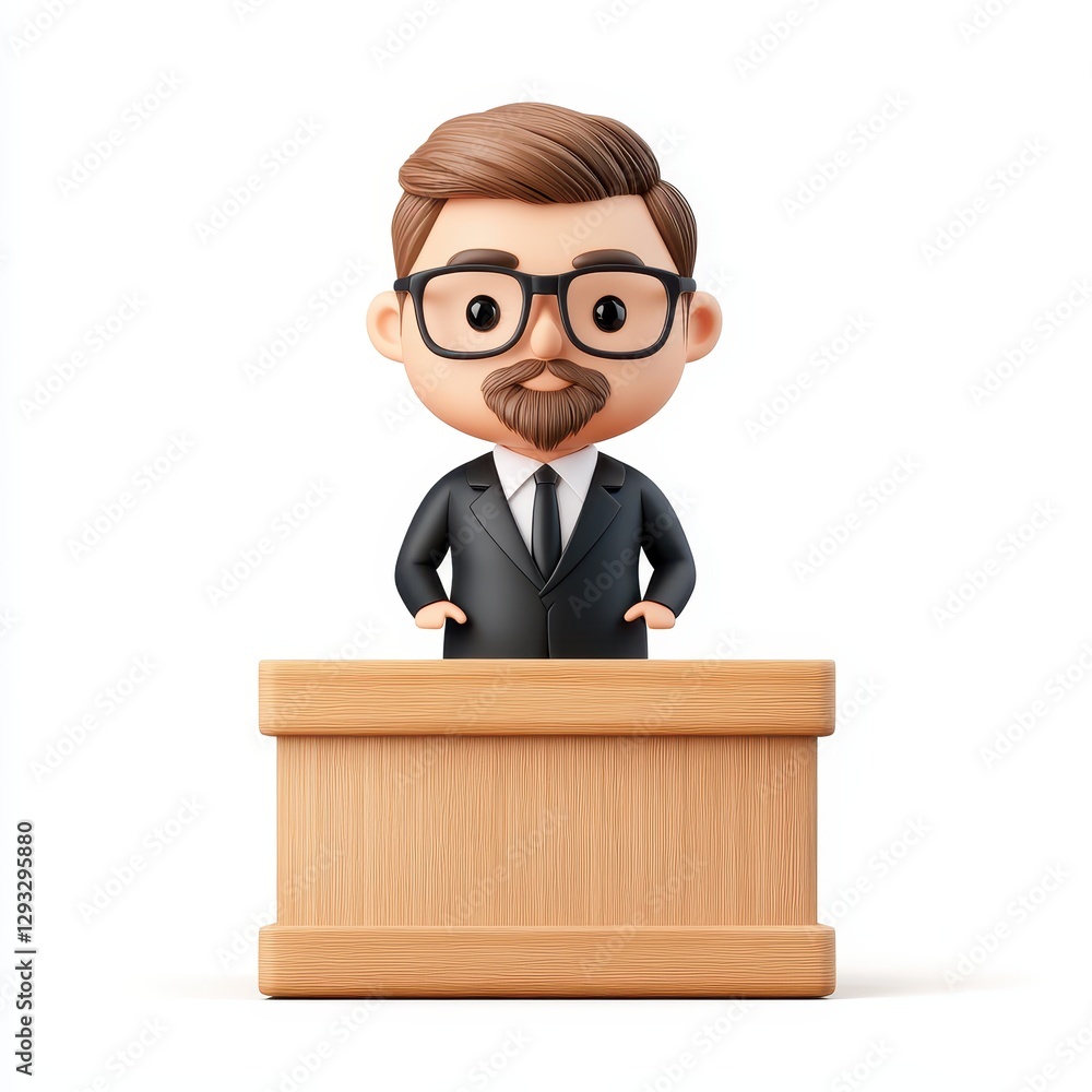A cartoonish character in formal attire stands behind a wooden podium, exuding a professional and approachable vibe. A cartoonish character in formal attire stands behind a wooden podium, exuding a professional and approachable vibe.