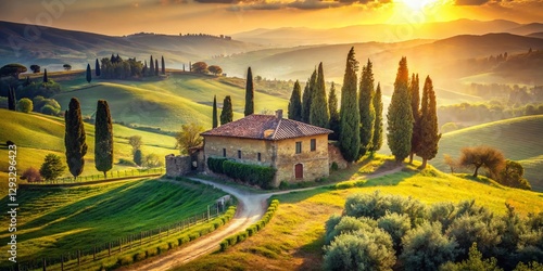 Rustic Italian Farmhouse, Vintage Countryside Home, Rolling Hills, Tuscany Landscape, Old Stone House