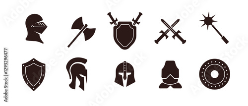 A minimalistic red and brown warrior icon featuring a helmet, sword, and shield, symbolizing medieval chivalry, antique battles, and Greek or Roman fighters.