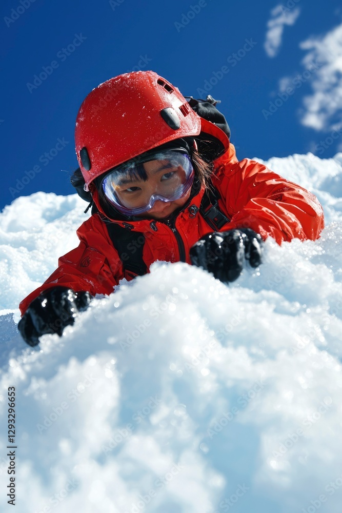 Child climbing snowy mountain peak under blue sky Child climbing snowy mountain peak under blue sky