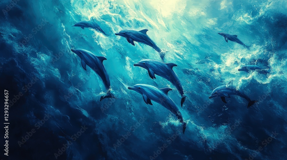 Fototapeta premium A serene ocean stretches across the horizon, with deep blue-green waters dancing in waves of blues and greens. Sunlight glints off the crests, infusing the scene with vibrant life