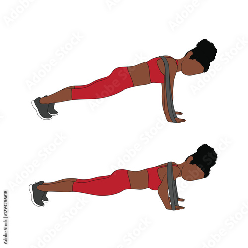A Black African woman in red clothing doing push ups exercise with a resistance band. Flat vector illustration isolated on white background