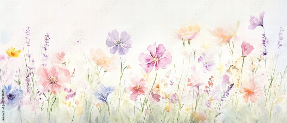 Field of colorful wildflowers blooming in a natural landscape, soft pastel shades creating a serene, tranquil atmosphere for springtime inspiration. Field of colorful wildflowers blooming in a natural landscape, soft pastel shades creating a serene, tranquil atmosphere for springtime inspiration.