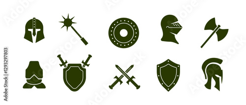 A minimalistic green vector icon set featuring a warrior helmet, sword, and shield, symbolizing medieval defense, Greek battles, and chivalric traditions.