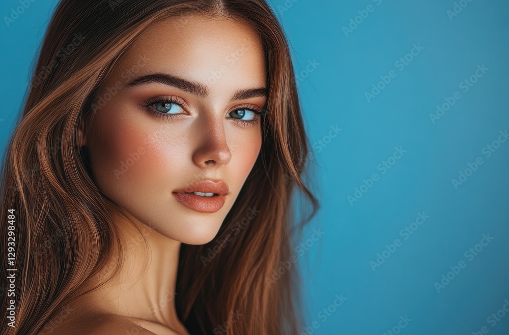Fototapeta premium beautiful woman with long hair and smooth skin, posing for the camera against a blue background.