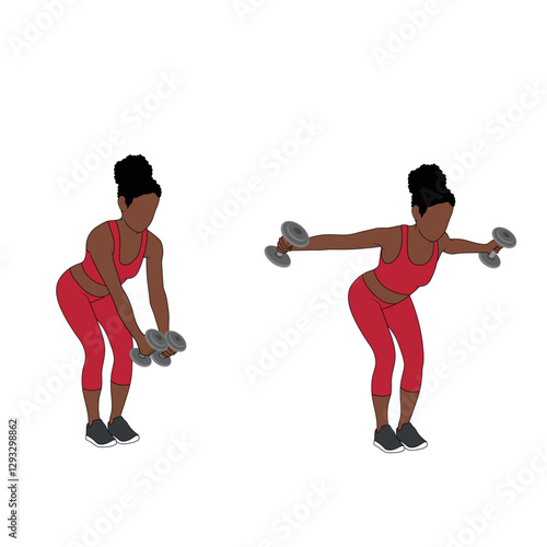 A Black African woman in red clothing doing reverse bent over flies exercise with dumbbells. Flat vector illustration isolated on white background