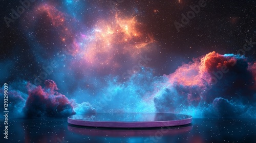 Floating transparent podium in the middle of a starry galaxy 