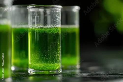 Green liquid in test tubes on dark surface