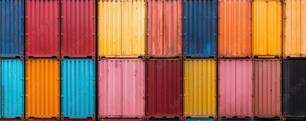 A vibrant arrangement of shipping containers in various colors, creating an eye-catching and colorful visual display.cargo management warehouse scheduling A vibrant arrangement of shipping containers in various colors, creating an eye-catching and colorful visual display.cargo management warehouse scheduling