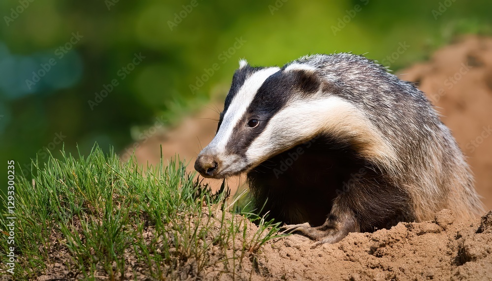 Wild Native Badger Emerging from Its Den at Dusk, Showcasing Rugged Textures and Detailed Coat in a Mysterious Mood, Capturing the Essence of British Wildlife Wild Native Badger Emerging from Its Den at Dusk, Showcasing Rugged Textures and Detailed Coat in a Mysterious Mood, Capturing the Essence of British Wildlife