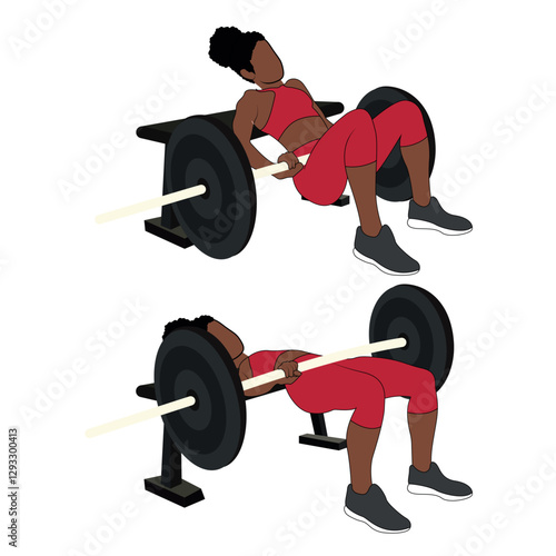 A Black African woman in red clothing doing hip thrusts exercise using a barbell. Flat vector illustration isolated on white background