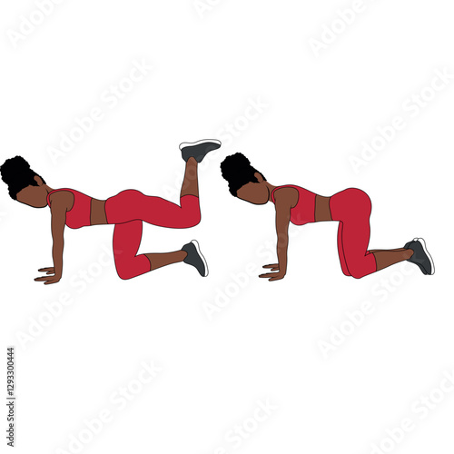 A Black African woman in red clothing doing donkey kicks exercise. Flat vector illustration isolated on white background