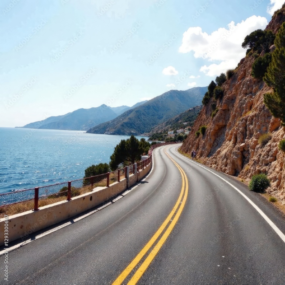 Fototapeta premium mountain road in Mallorca with ocean view, summer travel, square photo
