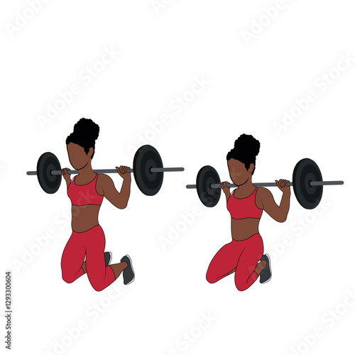A Black African woman in red clothing doing kneeling squats hinge exercise. Flat vector illustration isolated on white background