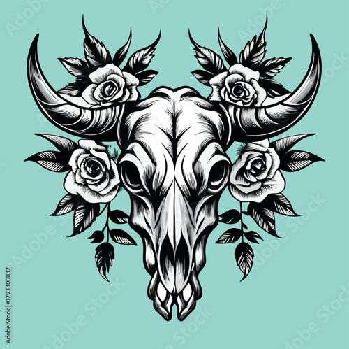 teschio di toro con rose 01