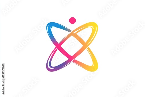 A modern, minimalistic atom icon with colorful gradient lines, isolated on a crisp white background.