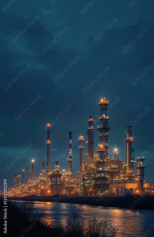 Illuminated oil refinery plant at night. Crude industrial complex with tanks, pipelines, distillation towers. Chemical, petrol production, gasoline supply with fuel, gas, energy manufacturing. Illuminated oil refinery plant at night. Crude industrial complex with tanks, pipelines, distillation towers. Chemical, petrol production, gasoline supply with fuel, gas, energy manufacturing.