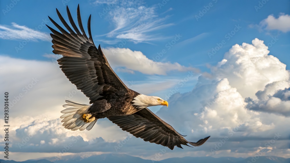 Obraz premium Majestic Bald Eagle in Flight Soaring Above Dramatic Cloudscape