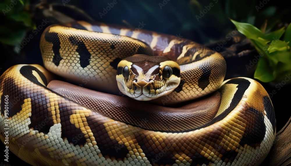 Obraz premium Coiled Mystery The Enchanting Ball Python, Showcasing Striking Patterns and Rich Scales in an Eerily Beautiful Forest Ambiance, Evoking a Sense of Awe and Wonder.