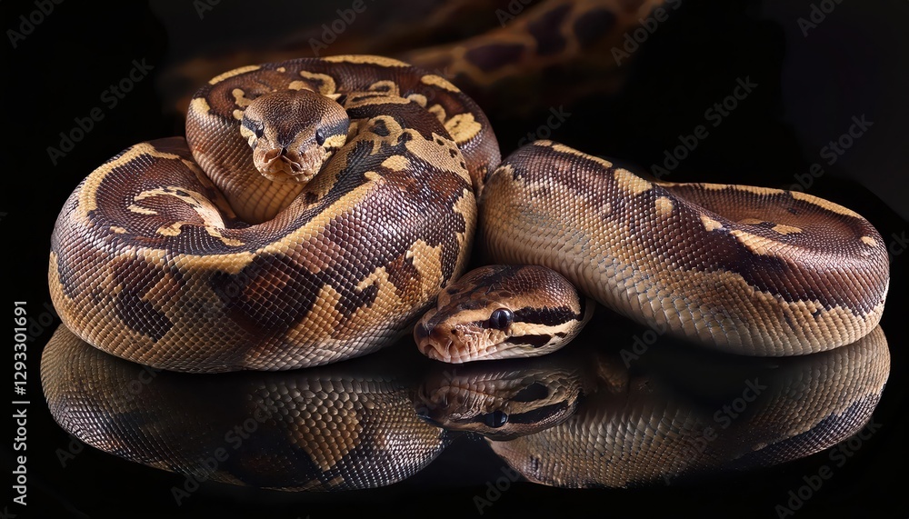 Coiled Ball Python in Striking Detail, Showcasing Mesmerizing Patterns and Vibrant Scales in a Closeup Portrait of this Captivating Reptiles Intricate Design. Coiled Ball Python in Striking Detail, Showcasing Mesmerizing Patterns and Vibrant Scales in a Closeup Portrait of this Captivating Reptiles Intricate Design.