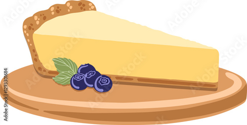 Hand drawn slice lemon pie with blackberry and mint leaf. Slice of food for design cafe menu.