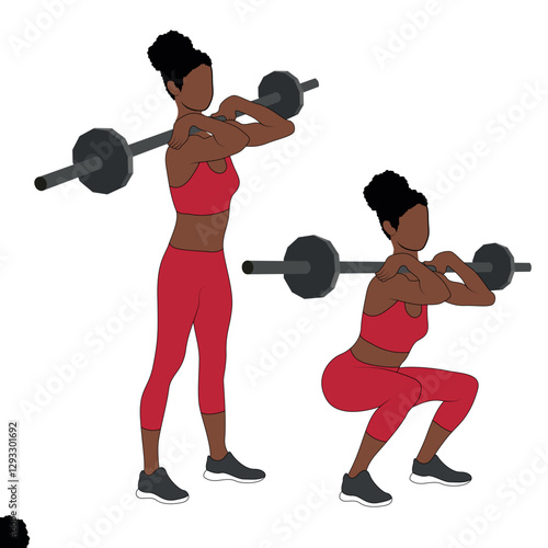 A Black African woman in red clothing doing front squats with barbell exercise for glutes. Flat vector illustration isolated on white background