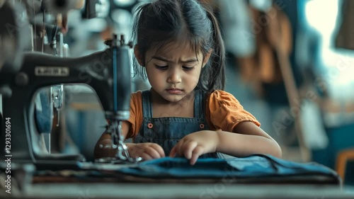 A serious young girl working at a sewing machine in a factory setting, representing child labor and hardship