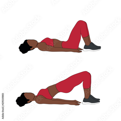 A Black African woman in red clothing doing glute bridges exercise for glutes. Flat vector illustration isolated on white background