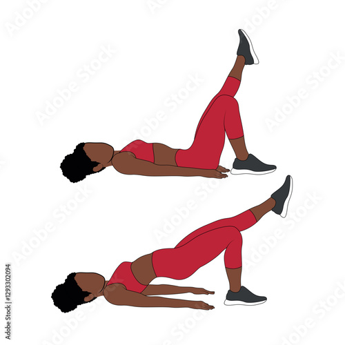 A Black African woman in red clothing doing single leg glute bridges exercise for glutes. Flat vector illustration isolated on white background