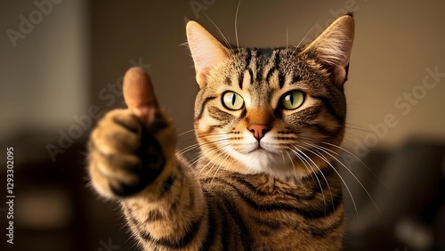 A tabby cat with green eyes giving a thumbs-up gesture