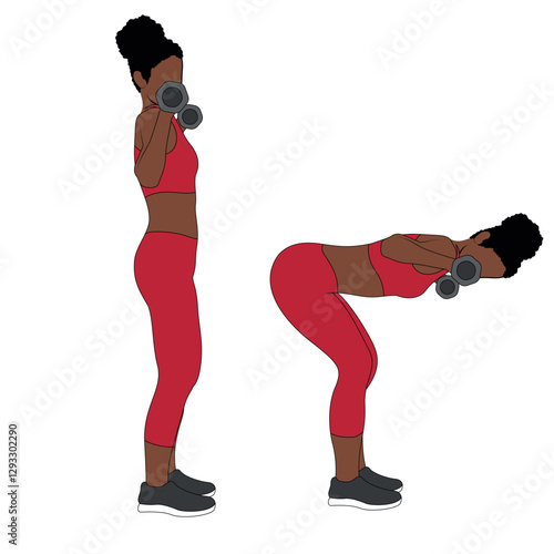 A Black African woman in red clothing doing good mornings exercise with barbell for glutes. Flat vector illustration isolated on white background