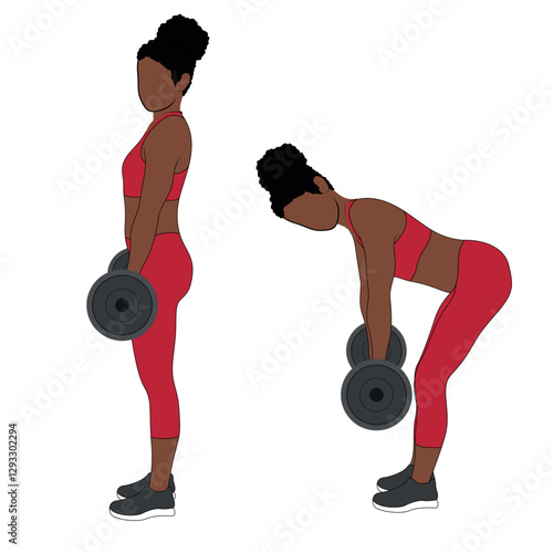 A Black African woman in red clothing doing deadlifts  exercise with barbell for glutes. Flat vector illustration isolated on white background