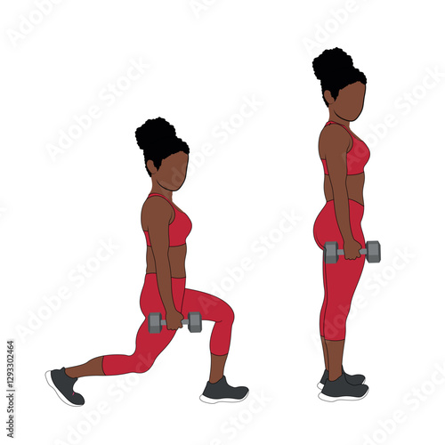 A Black African woman in red clothing doing walking lunges with dumbbells exercise for glutes. Flat vector illustration isolated on white background