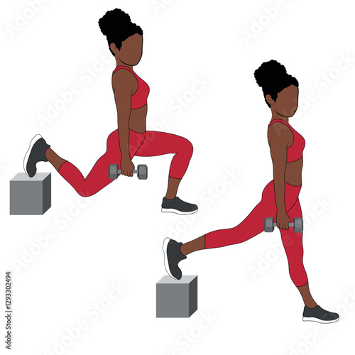 A Black African woman in red clothing doing Bulgarian Split Squats with dumbbells exercise for glutes. Flat vector illustration isolated on white background