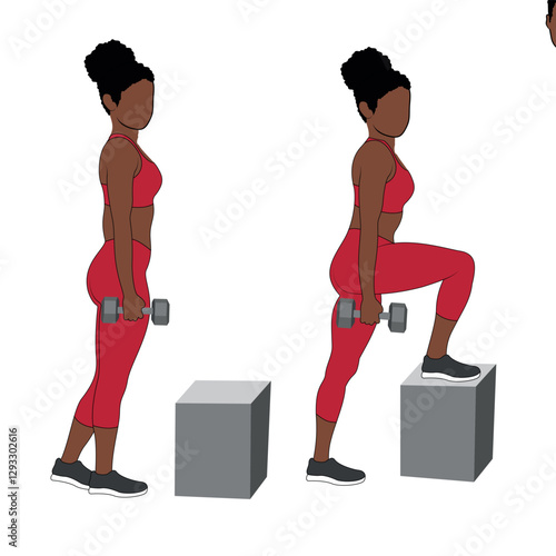 A Black African woman in red clothing doing step ups with dumbbells exercise for glutes. Flat vector illustration isolated on white background